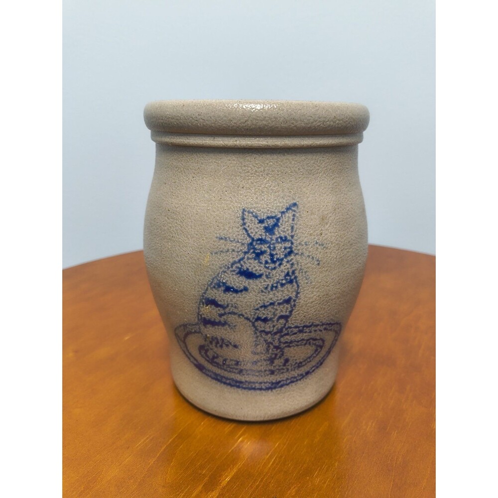 2001 Rowe Pottery Works 6.5 Inch Blue Cat Salt Glaze Stoneware Crock